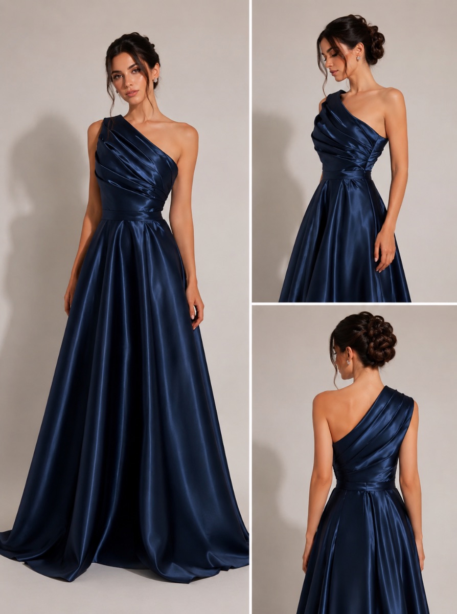 georgina Fashin Navy One-Shoulder Satin Evening Gown
