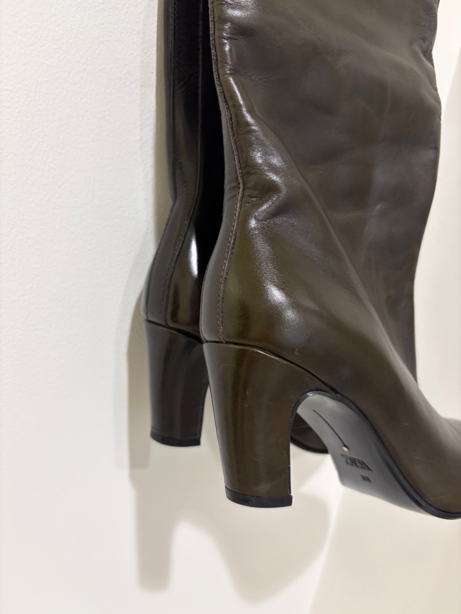 Zara New Vintage Green Leather Boots - Sz 38 photo 2