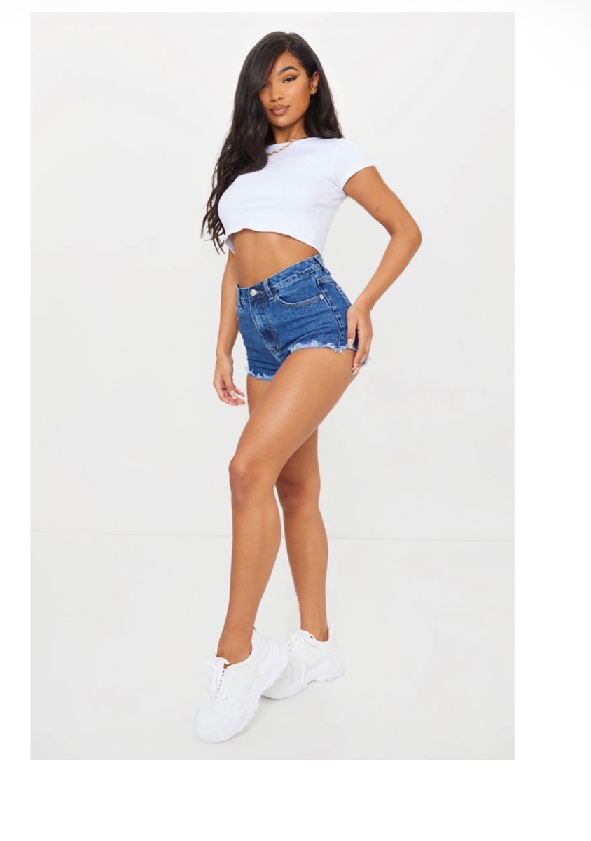PLT PRETTYLITTLETHING Mid Blue Wash Frayed Hem Denim Shorts size 14