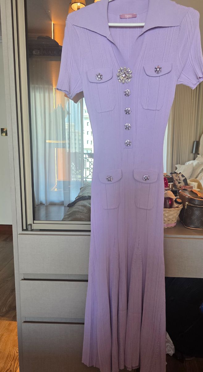 Purple knit dress with rhinestone buttons photo 2