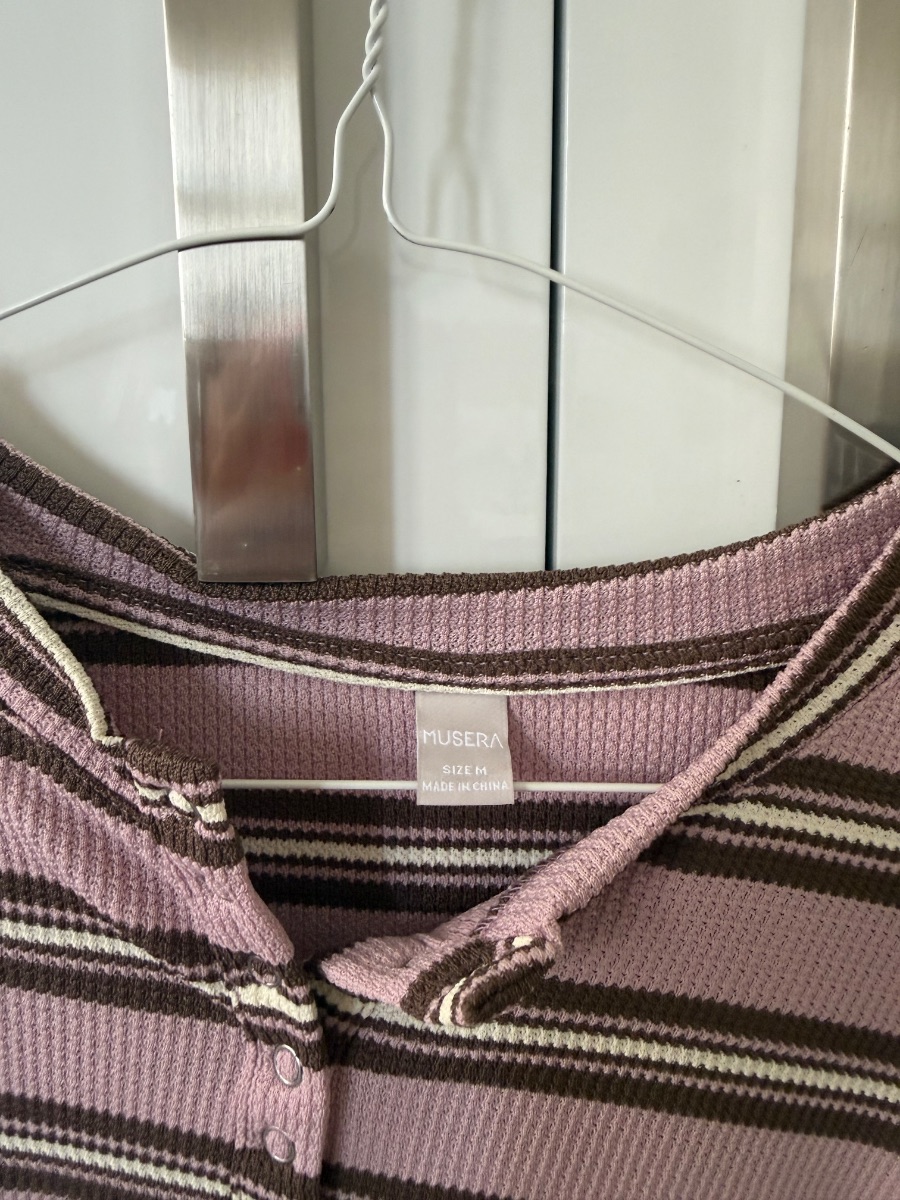 Shein Pink and Brown Striped Long Sleeve Henley Top photo 2