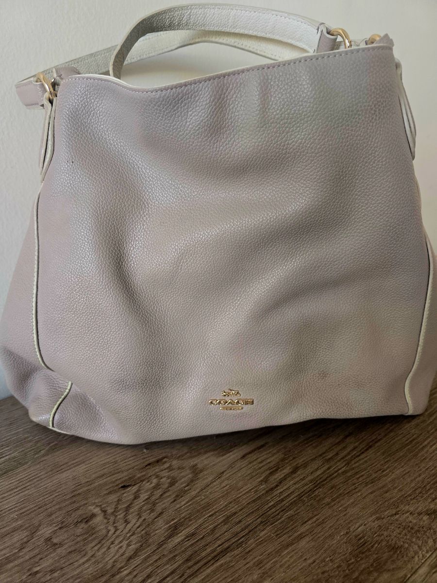 Authentic Coach Edie 31 Pebbled Leather Shoulder Bag - Light Greige / Birch Grey