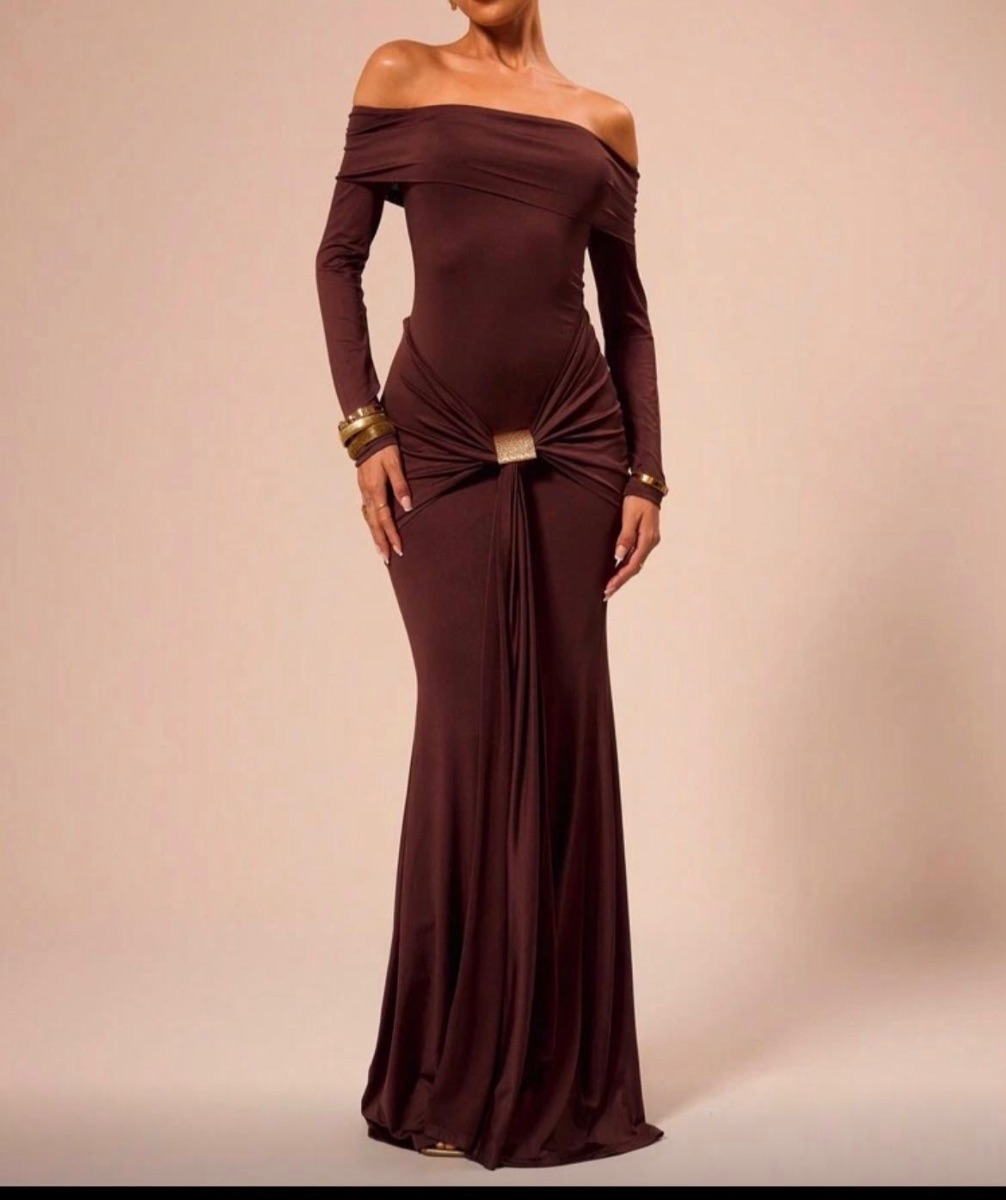 Love Lake Brown Off The Shoulder Slinky Dress