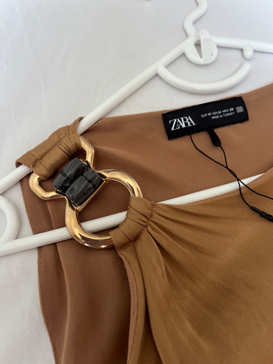 Zara Satin Midi Dress with Gold Detail – Size M