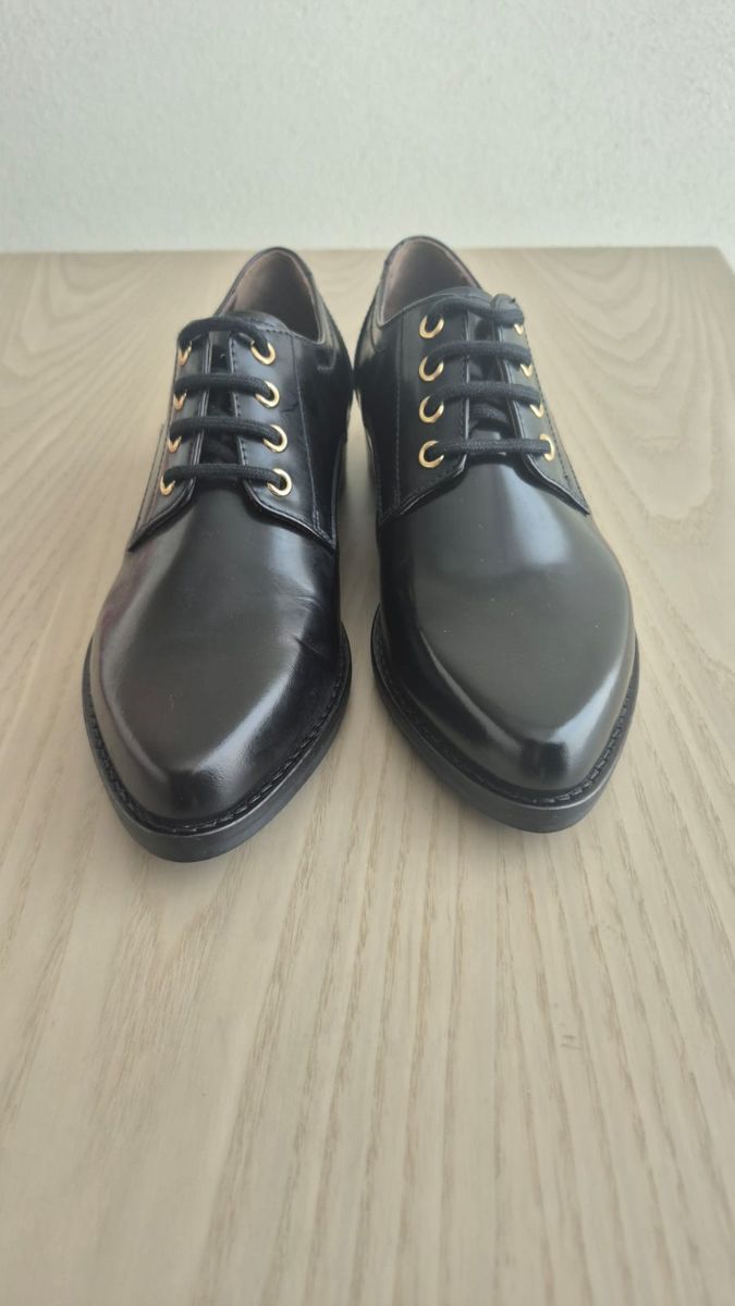 Nero Giardini Black Leather Derby Oxfords with Gold Metallic Heel Accent photo 3