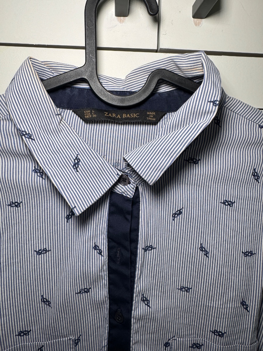 Zara blue and white, pinstriped, long-sleeve shirt, featuring a small anchor pattern photo 2