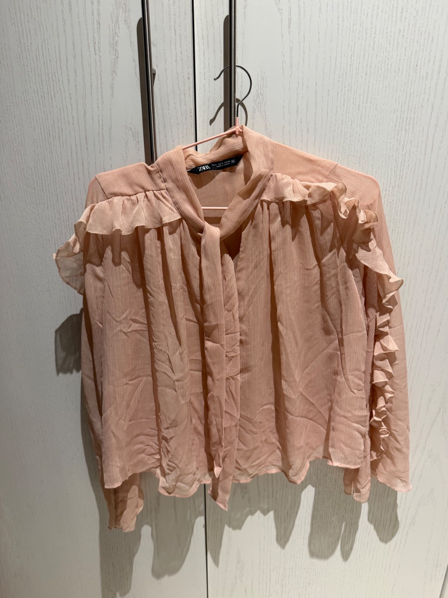 Zara pink ruffle blouse with tie neck