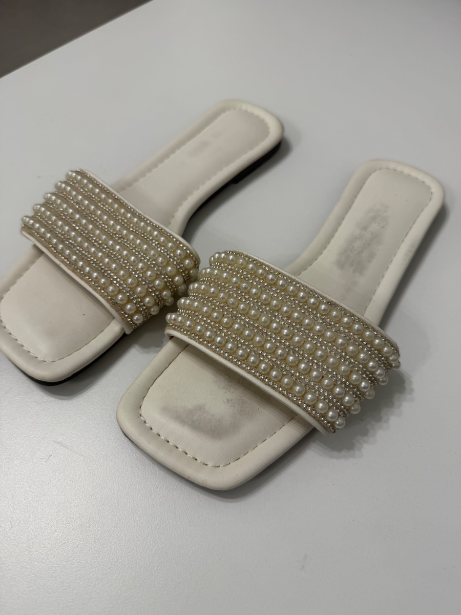 Shein White pearl and diamanté flat sandals (Size EURO 41)