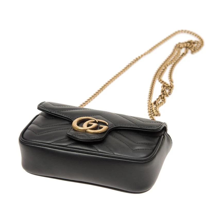 Gucci Black Matelasse Leather Super Mini GG Marmont Shoulder Bag