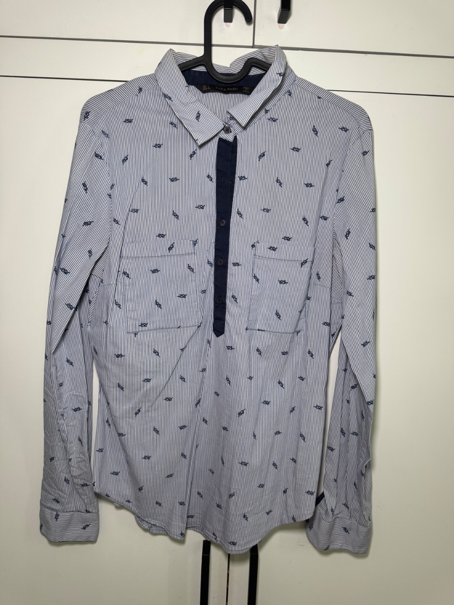 Zara blue and white, pinstriped, long-sleeve shirt, featuring a small anchor pattern