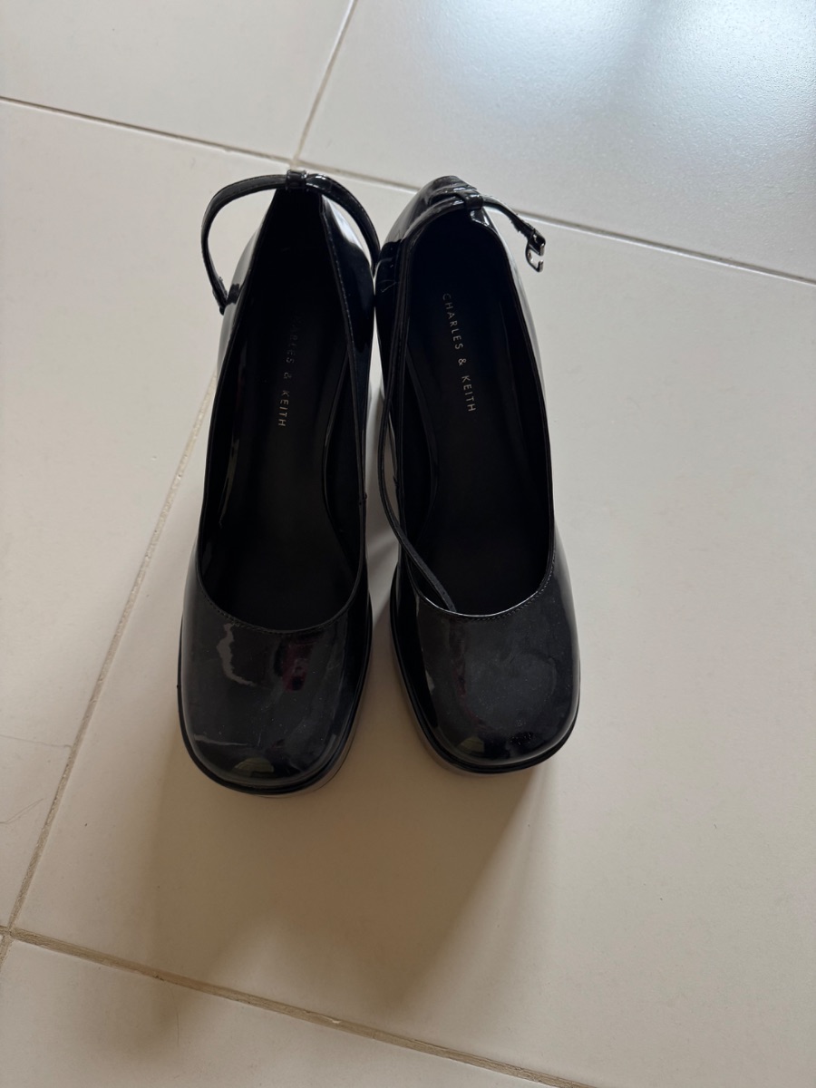 Charles & Keith - Black Patent Square-Toe Heels