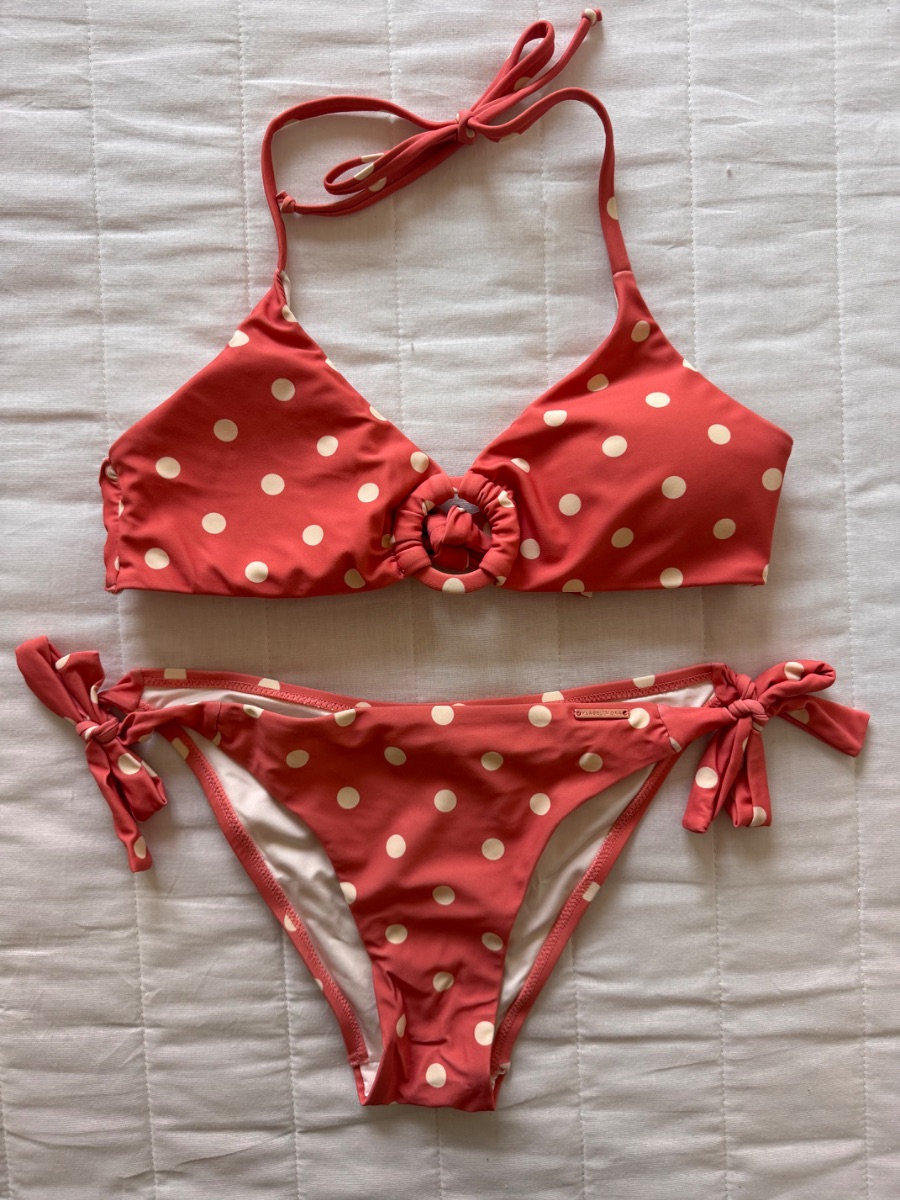 Ysabel Mora coral pink polka dot two-piece bikini set