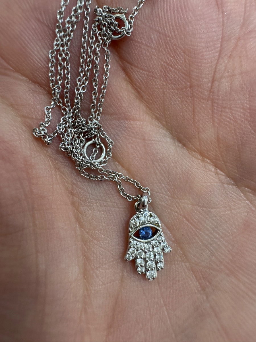 Jewelry 18K White Gold Diamond & Sapphire Hamsa Necklace photo 3