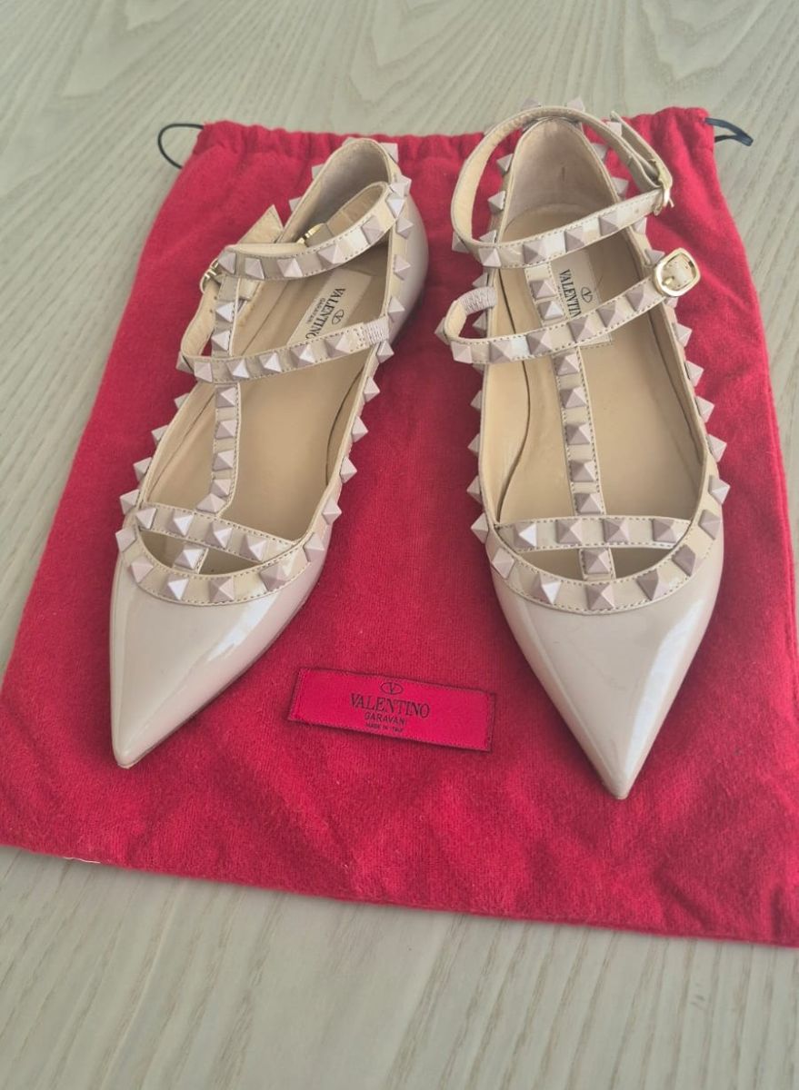Valentino Rockstud Nude Patent Ankle Strap Ballet Flats