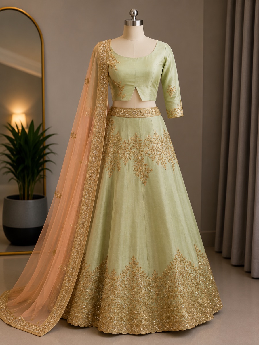 Aara Designer Sage Green Embroidered Lehenga with Peach Dupatta