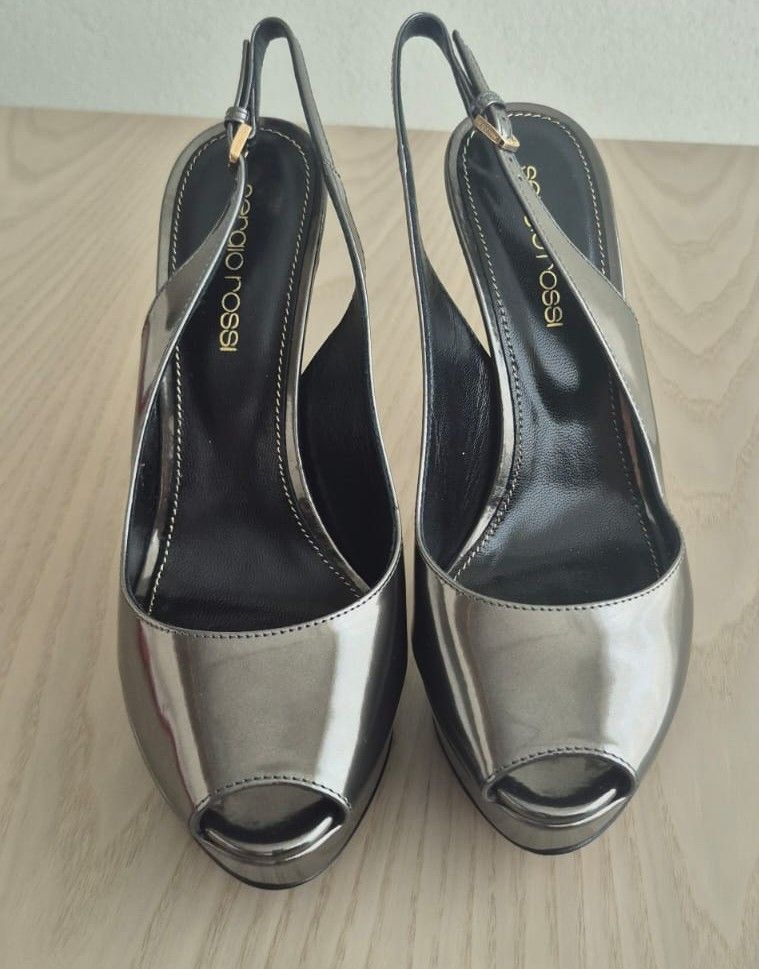 Sergio Rossi Peep Toe Platform Slingback Pumps Gunmetal Grey Patent Leather