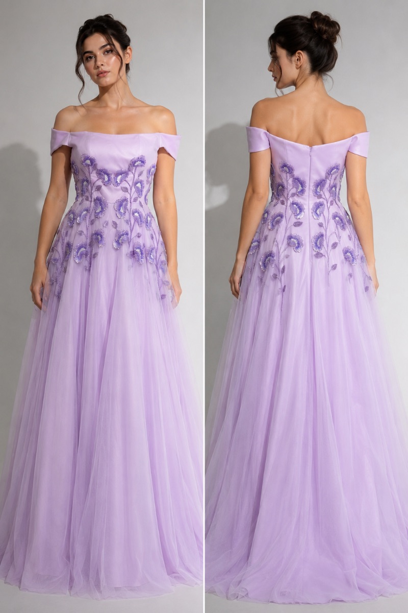 Hamad Albadièch Haute Couture Lilac Off-Shoulder Embroidered Evening Gown