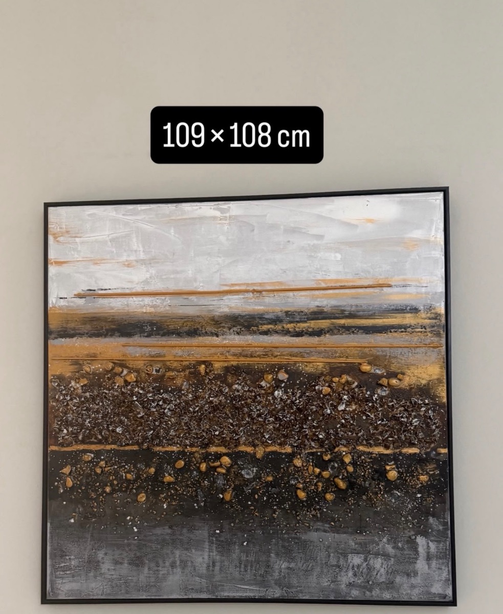 Large Abstract Gold, Black & Grey Canvas Painting – 109cm