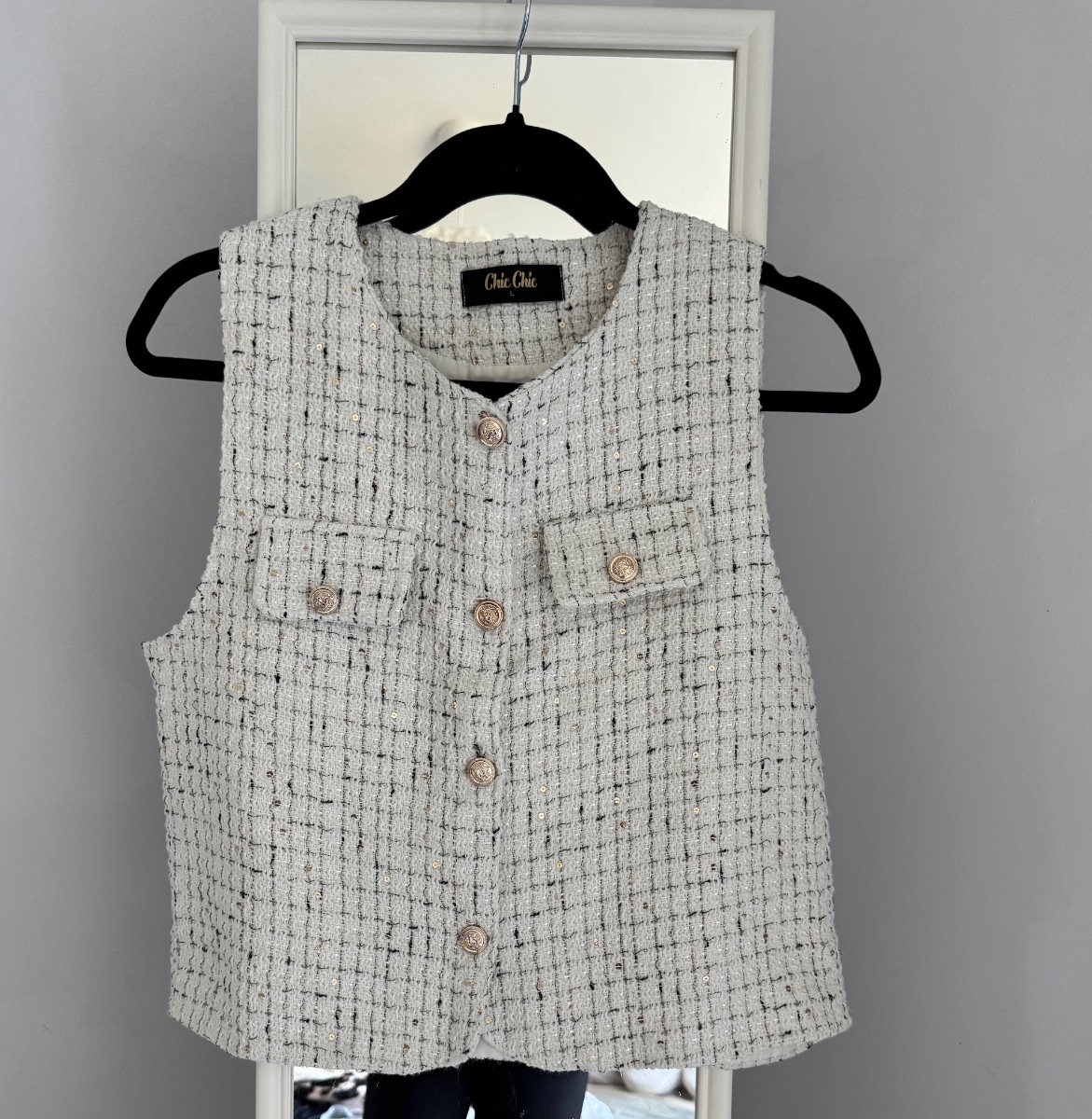 Chic Chic Tweed Waistcoat Gilet – Cream/White