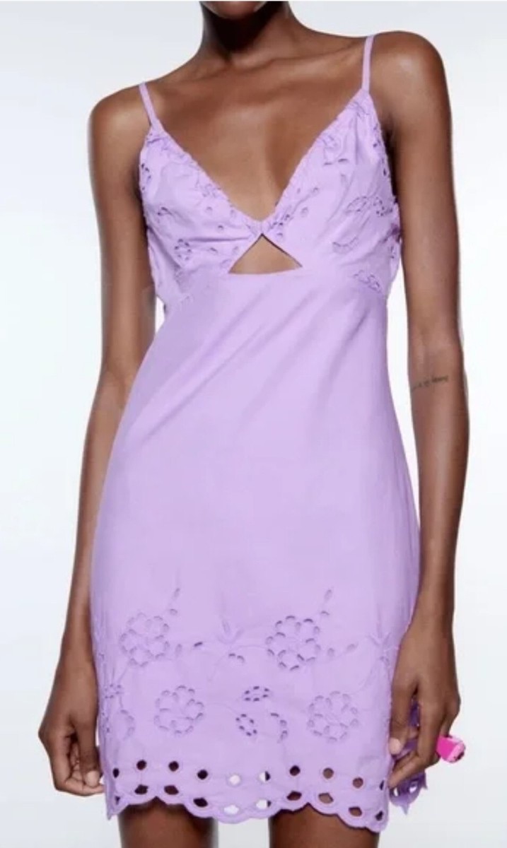 ZARA lilac cutwork embroidery halter neck mini dress BNWT size large photo 3