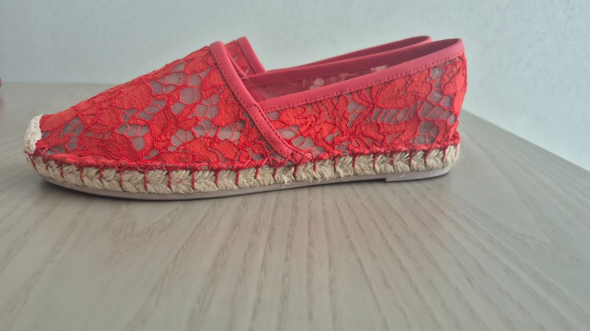 Valentino Floral Lace and Leather Espadrilles Red