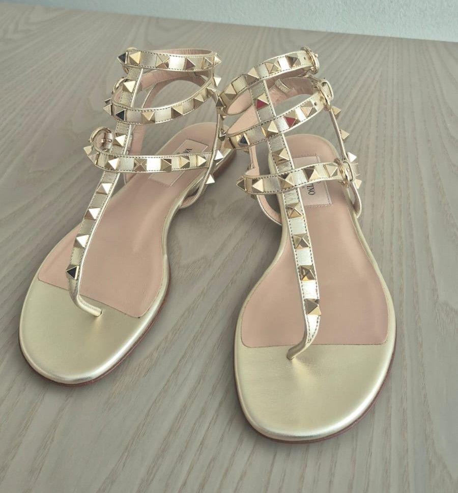 Valentino Rockstud Caged Flat Sandals Gold