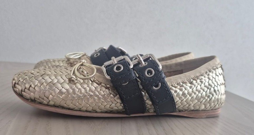 Valentino Miu Miu Woven Raffia Buckled Ballerina Flats Gold