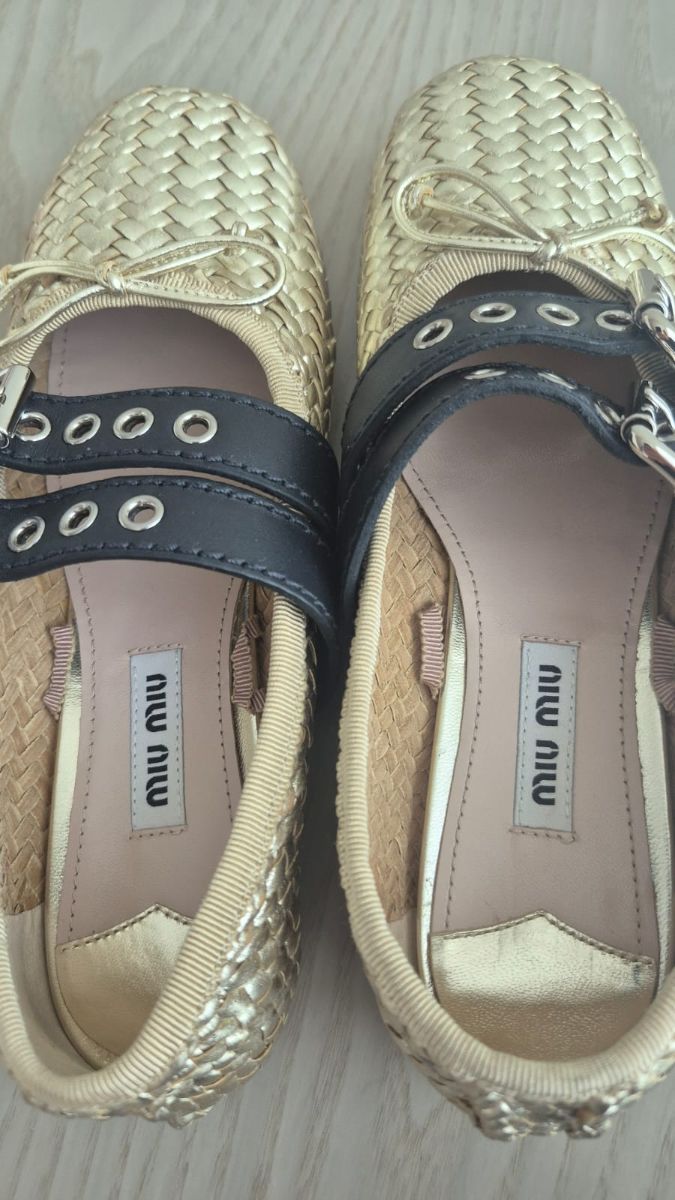 Valentino Miu Miu Woven Raffia Buckled Ballerina Flats Gold photo 2