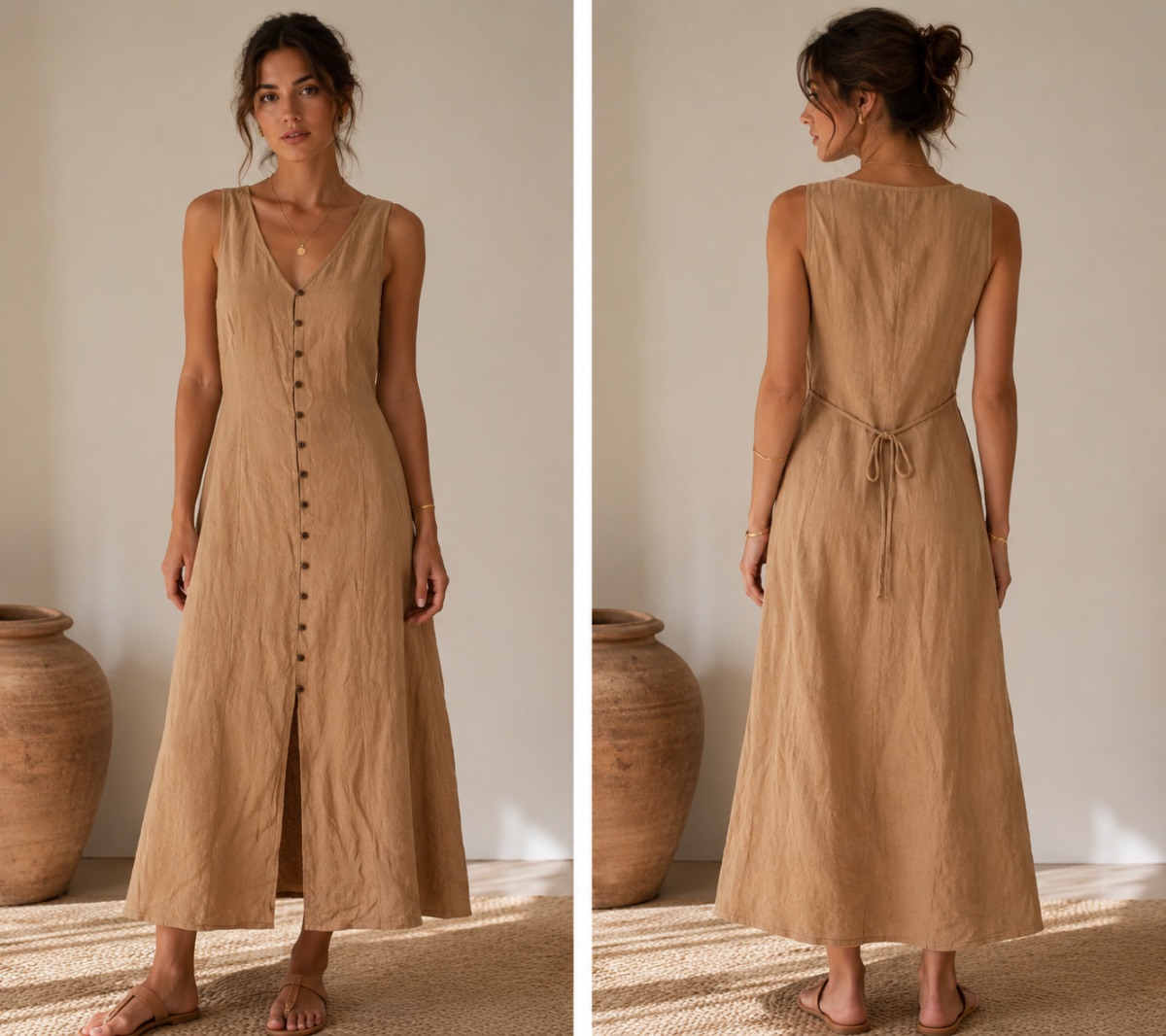 Beige Linen Button-Down Maxi Dress