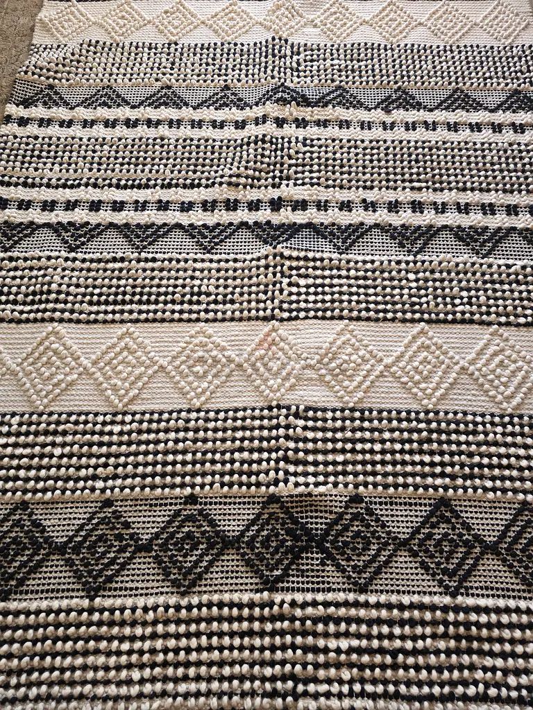 Large Handwoven Black Cream Textured Boho Rug | Geometric Tribal Pattern photo 3