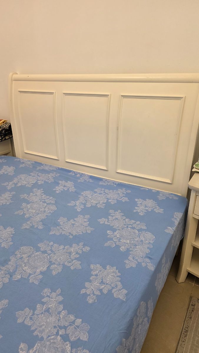 White double bed with 2 side tables and mattress
