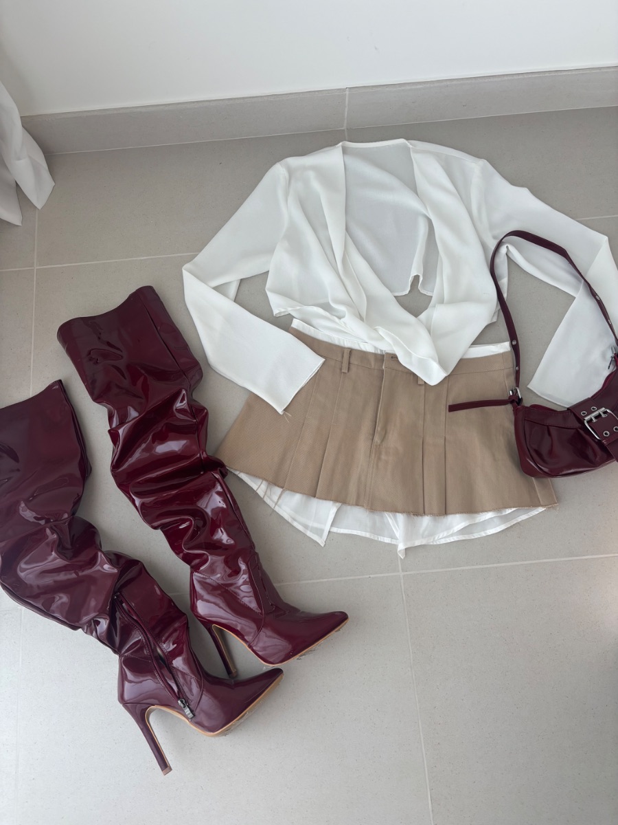 Mixed brands Mini Skirt, Shirt, Thigh High Boots, Red Bag photo 3