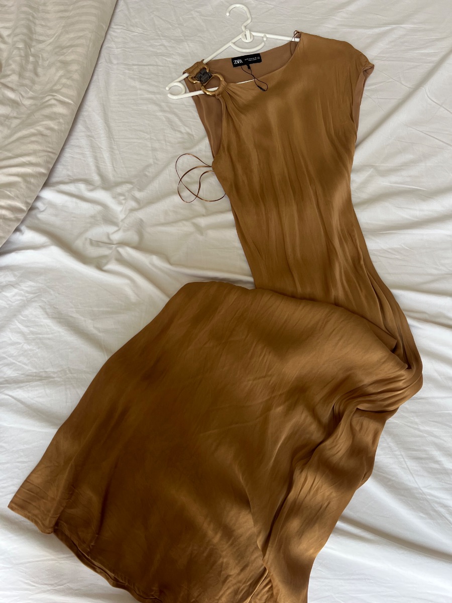 Zara Satin Midi Dress with Gold Detail – Size M photo 2