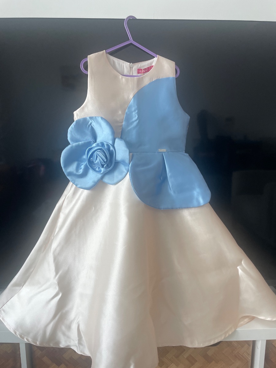 Le Crystal Satin cream and blue occasion dress