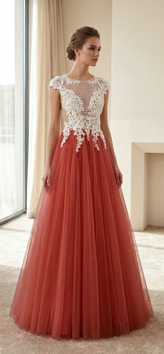 Boutique Fairytale Coral Tulle & Pearl-Embellished Evening Gown