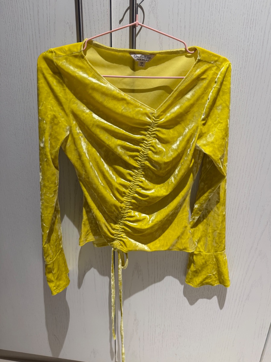Miss Selfridge yellow velvet ruched blouse