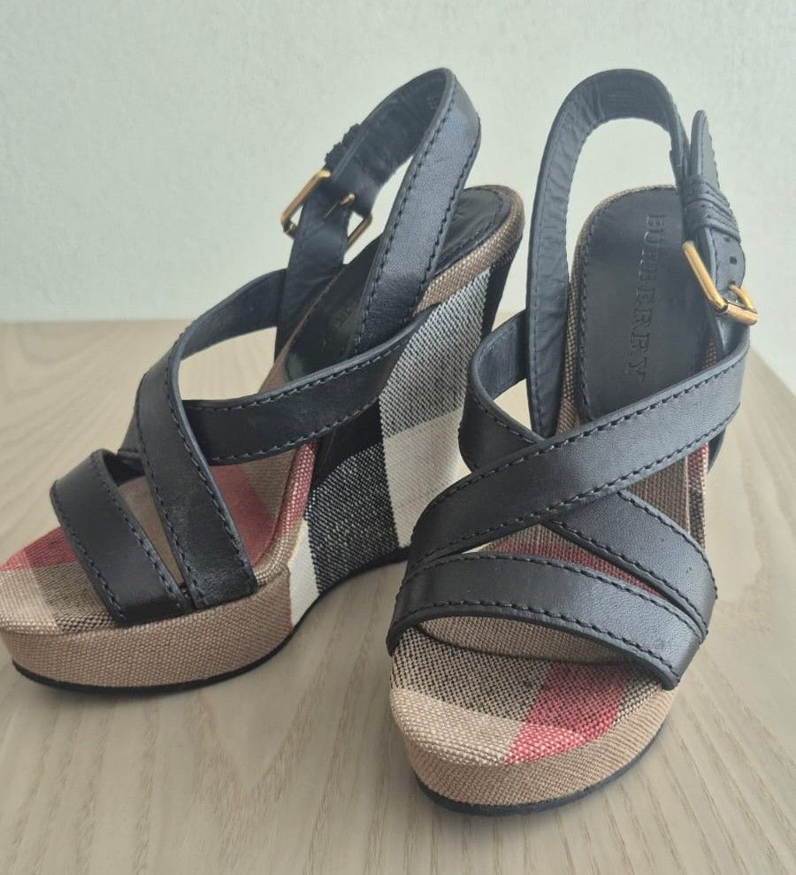 Burberry House Check Cross-Strap Wedge Sandals Black Leather and Canvas