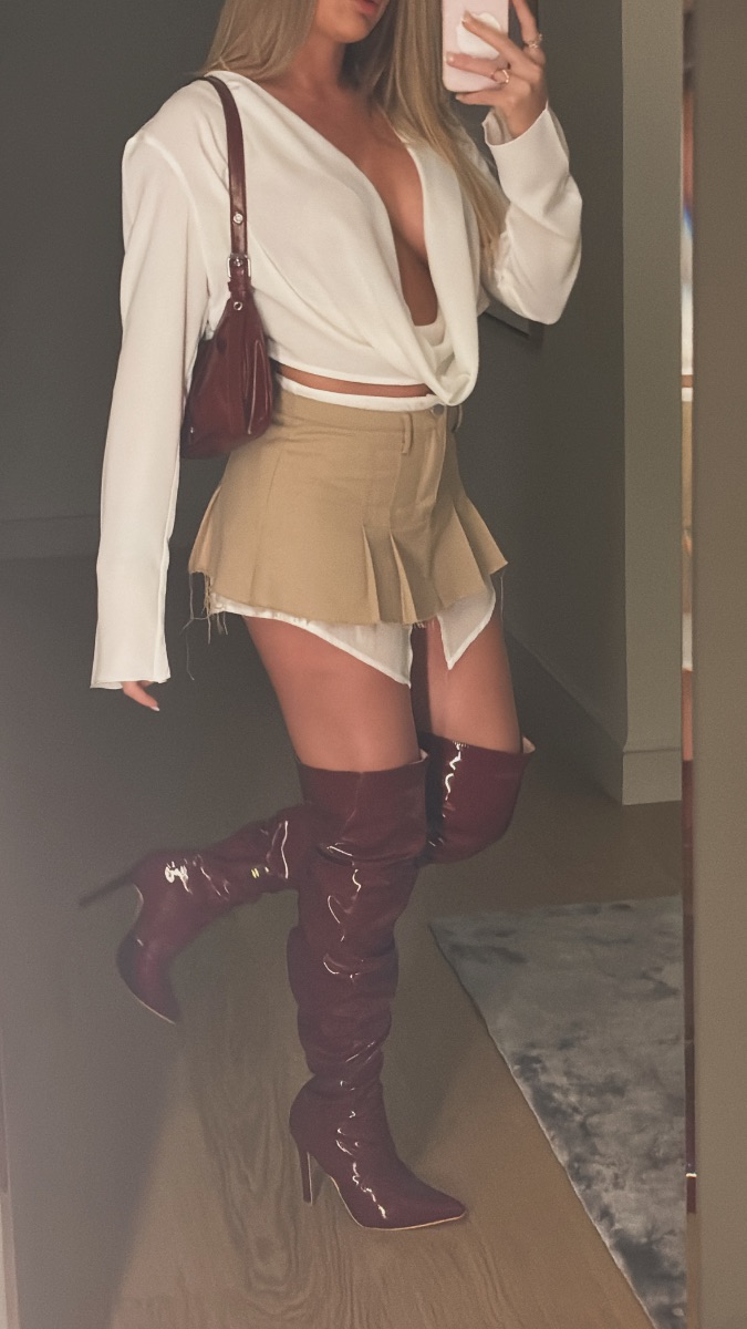 Mixed brands Mini Skirt, Shirt, Thigh High Boots, Red Bag
