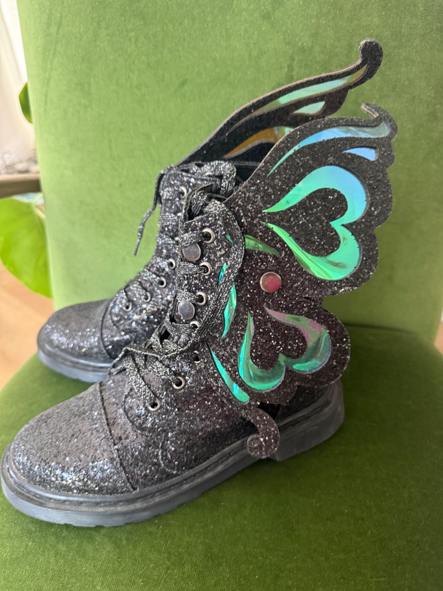 Madmia black glitter boots with removable butterfly wings photo 2