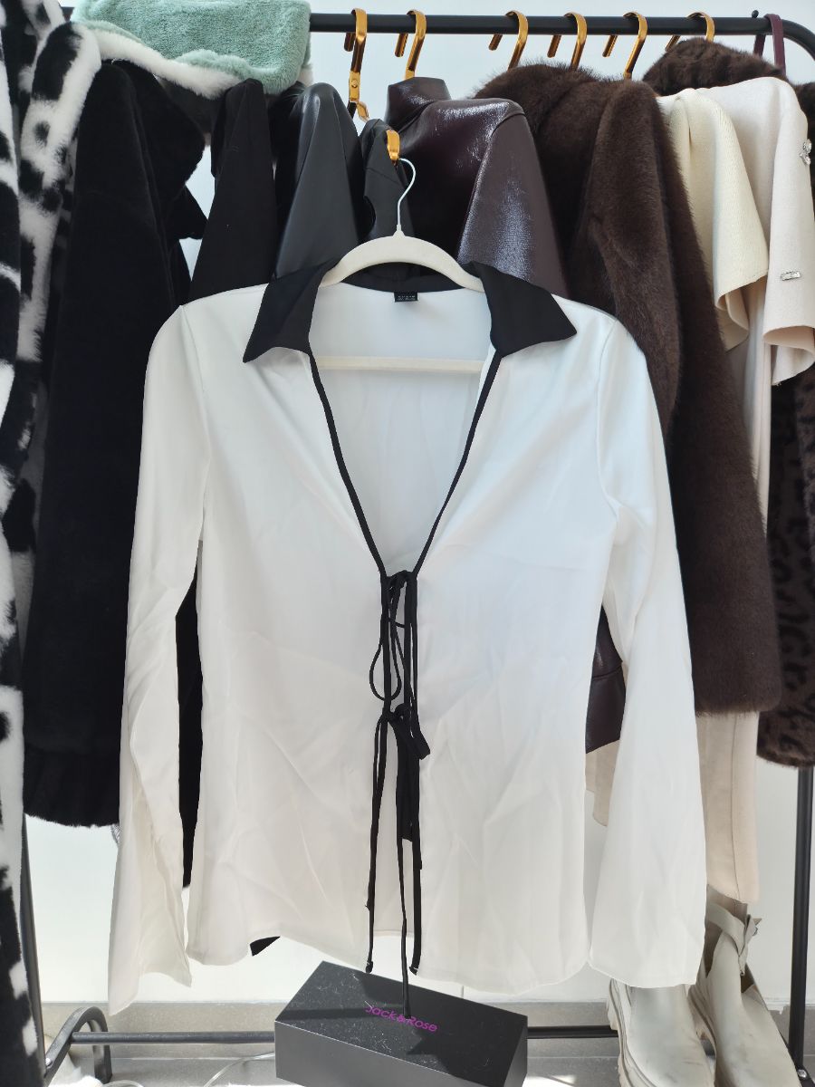 Shein White Satin Blouse with Black Accents