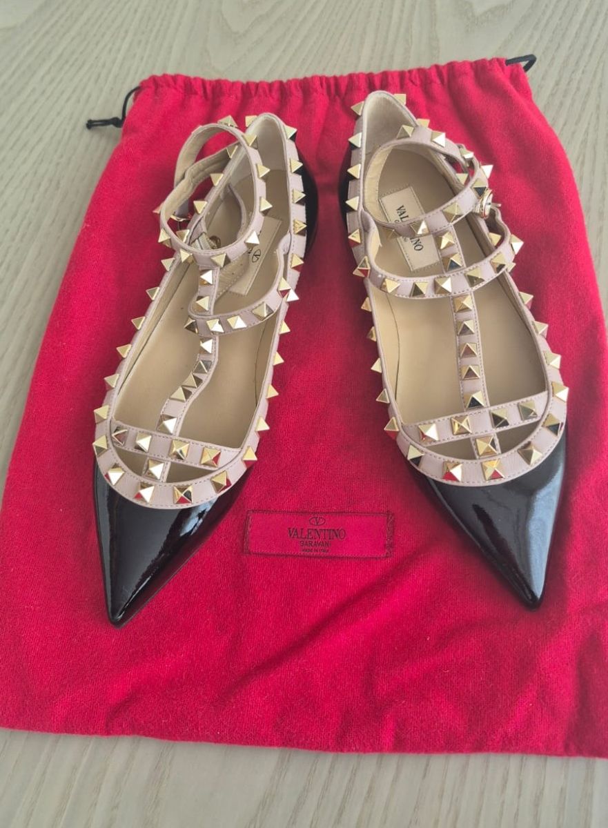 Valentino Rockstud Black and Pink Patent Ankle Strap Ballet Flats photo 2