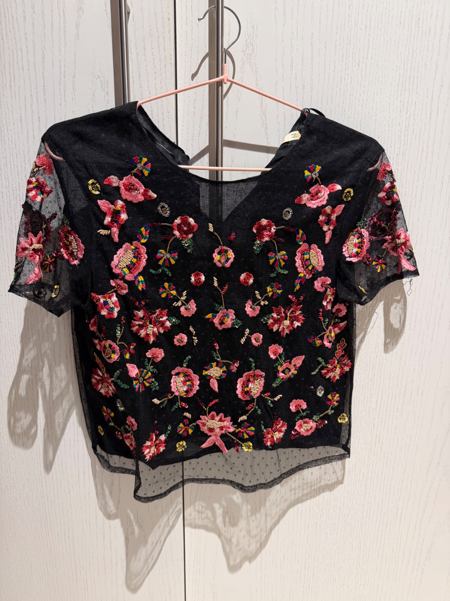 Zara embroidered and beaded black blouse