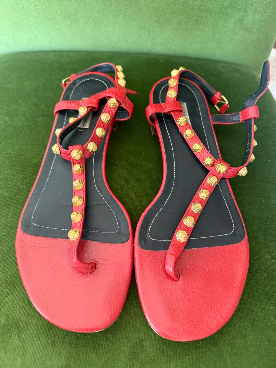 Balenciaga red sandals with gold studs