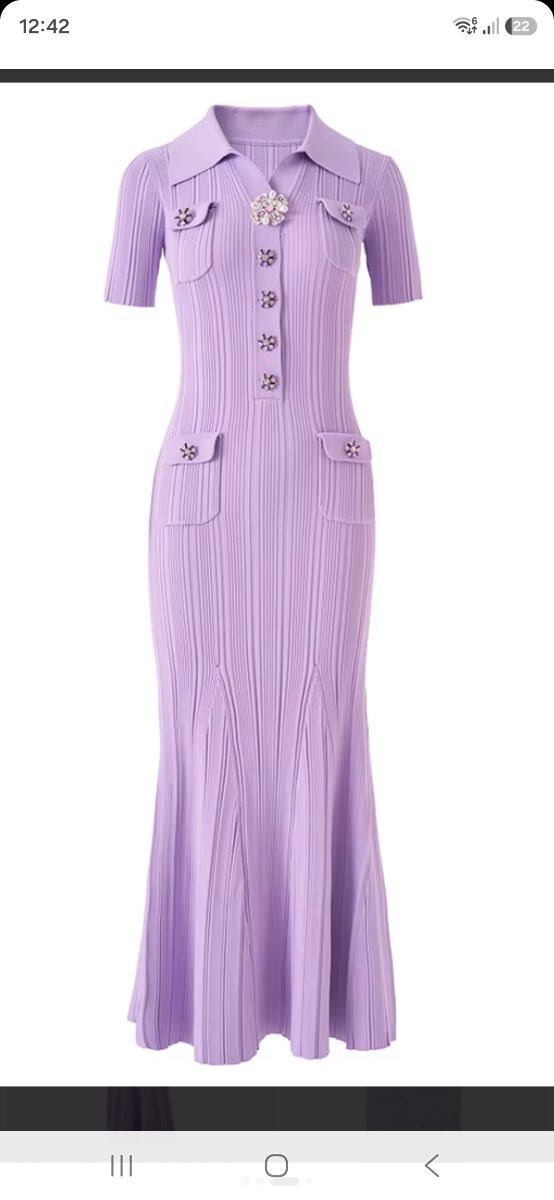 Purple knit dress with rhinestone buttons