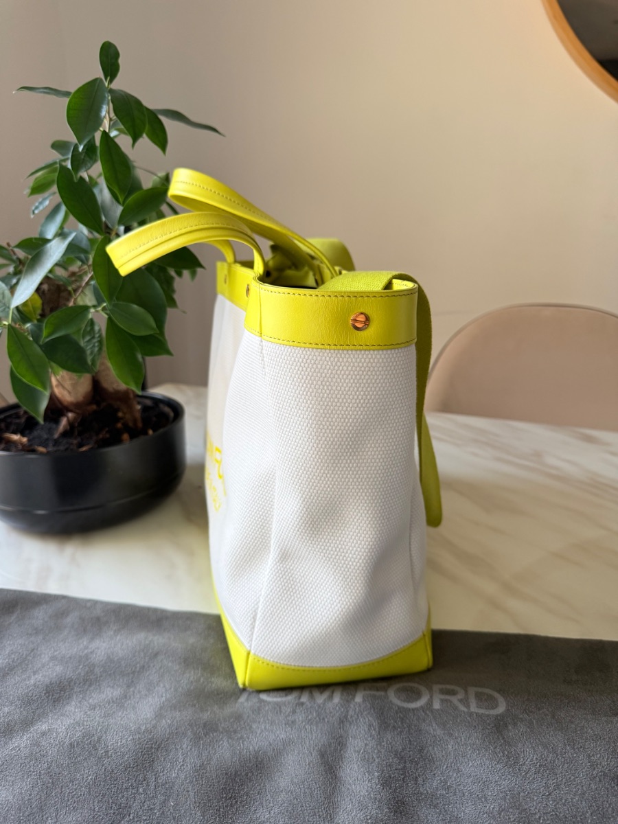 TOM FORD Canvas & Leather Logo Tote – White & Citrus Yellow photo 2