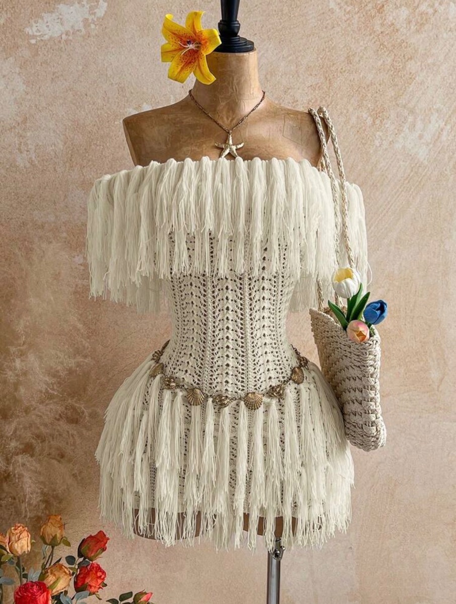 Shein Cream white knit fabric fringe dress