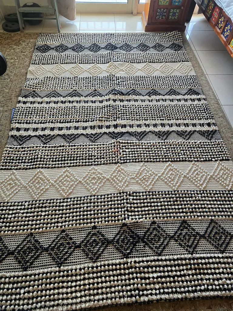 Large Handwoven Black Cream Textured Boho Rug | Geometric Tribal Pattern