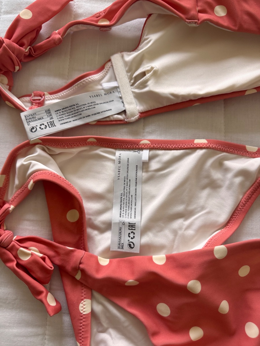 Ysabel Mora coral pink polka dot two-piece bikini set photo 3