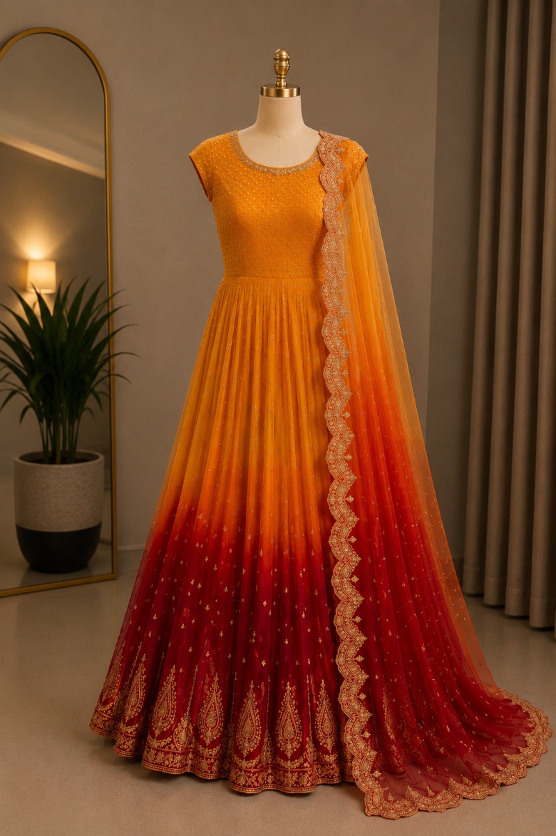 Aara Orange Ombre Anarkali Gown with Embroidered Dupatta