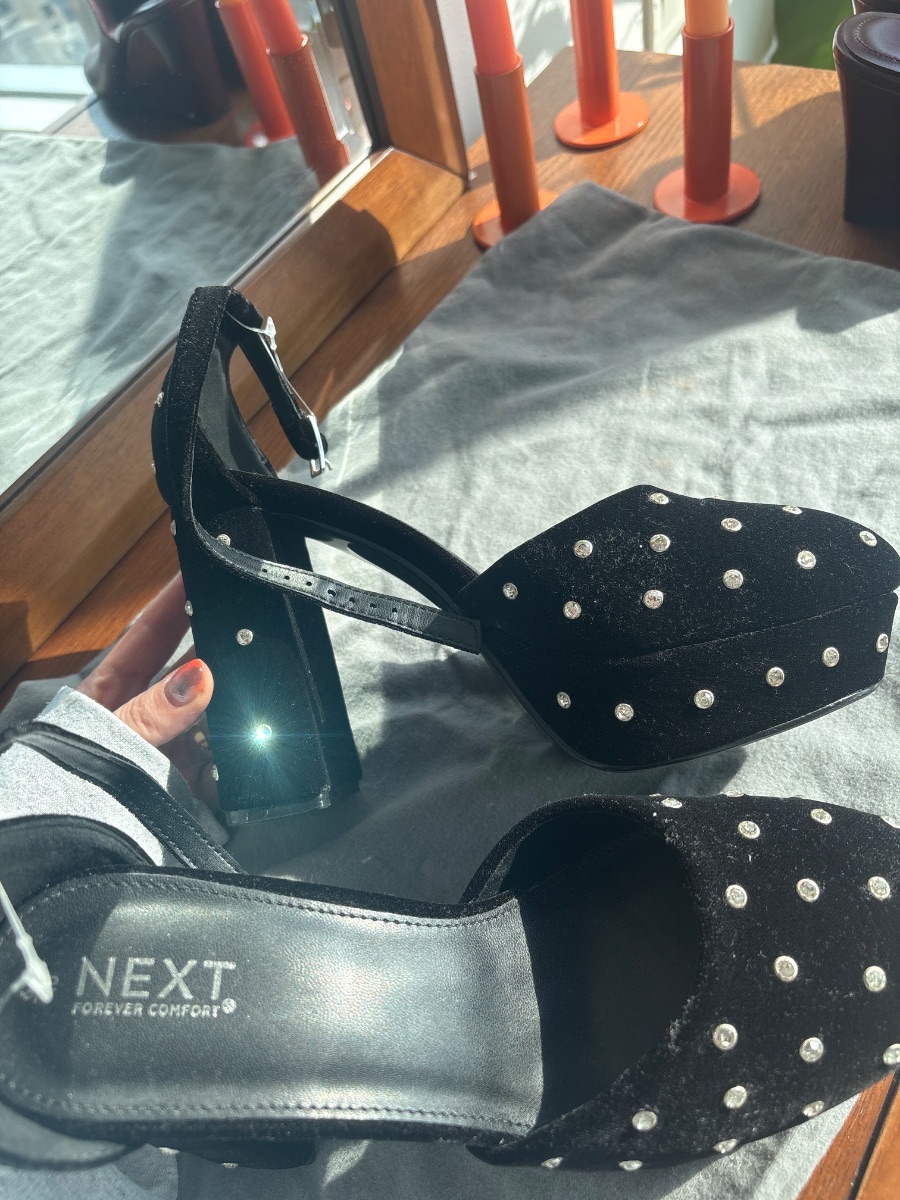 Next Black Velvet Platform Heels with Rhinestone Details Never Worn photo 2